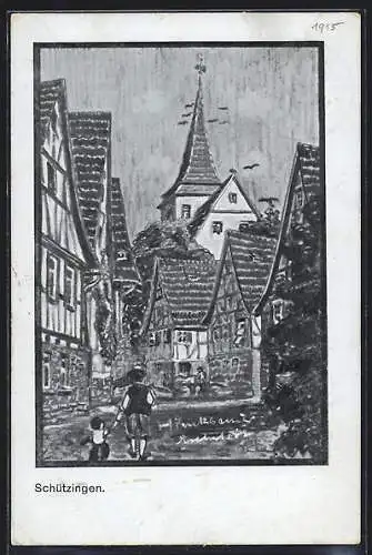 Künstler-AK Schützingen, Dorfpartie mit Kirche