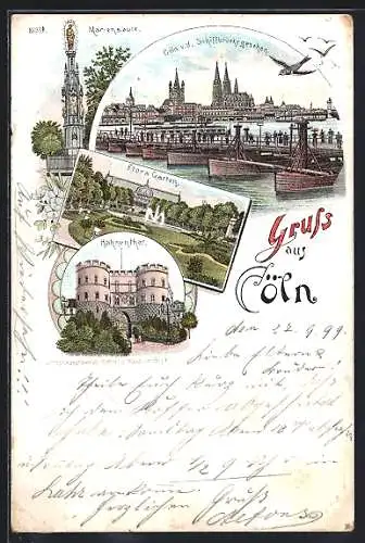 Lithographie Cöln, Mariensäule, Blick von der Schiffbrücke, Flora Garten, Hahnentor