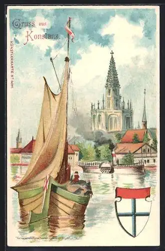 Lithographie Konstanz, Hafenpartie mit Segelboot, Dampfer und Blick zum Münster