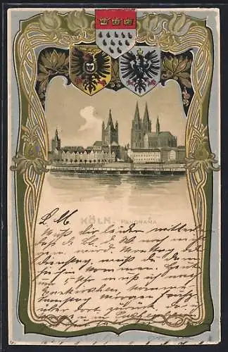 Passepartout-Lithographie Köln, Panorama mit Kirche, Wappen