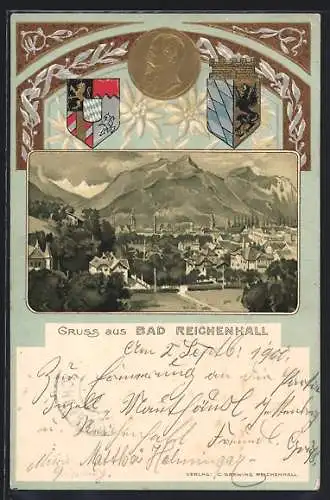 Passepartout-Lithographie Bad Reichenhall, Ortsansicht aus der Vogelschau