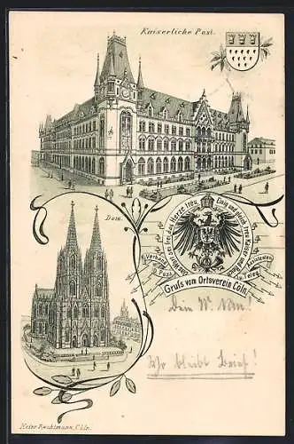 Lithographie Köln, Kaiserliche Post, Dom, Wappen