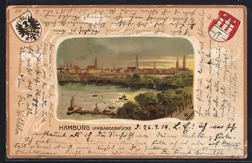 Passepartout-Lithographie Hamburg-Neustadt, Lombardsbrücke und Segelboote, Wappen