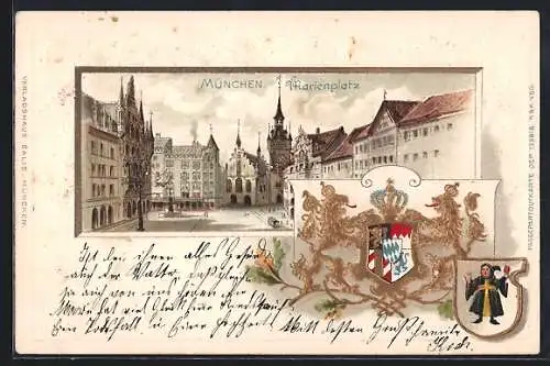 Passepartout-Lithographie München, Blick zum Marienplatz, Wappen