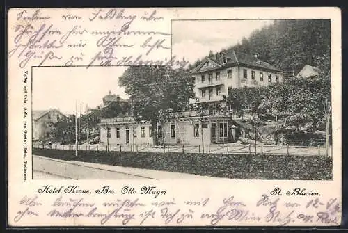 AK St. Blasien, Hotel Krone von Strasse aus gesehen mit Wald