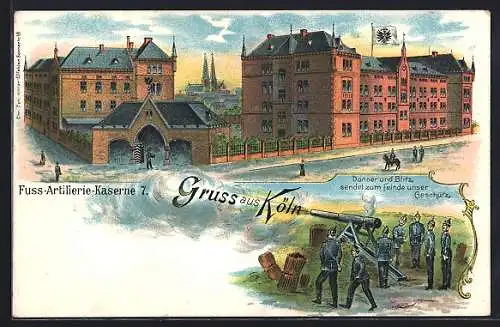 Lithographie Köln, Fuss-Artillerie-Kaserne 7, Soldaten mit Geschütz