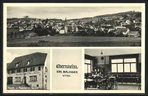 AK Obernheim / Balingen, Gasthaus und Pension zur Sonne, Innenansicht Gastraum, Ortsansicht