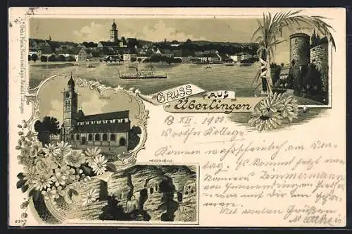 Lithographie Überlingen / Bodensee, Gallerturm, Kirche, Heidenhöhle