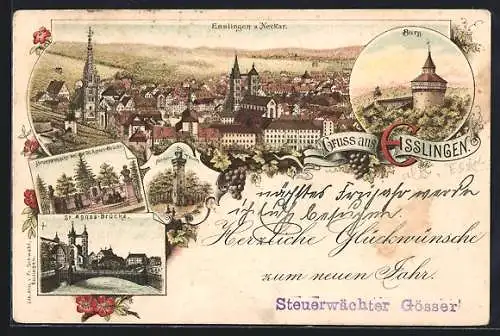 Lithographie Esslingen a. Neckar, Burg, Brunnennische bei der St. Agnes-Brücke, Kernen-Turm