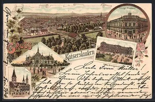 Lithographie Kaiserslautern, Villa Kröckel, Königliches Postamt, Stiftskirche