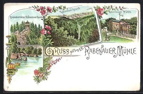 Lithographie Rabenau / Sachsen, Gasthaus Rabenauer Mühle, Rabenauer Grund, Einsiedlerhütte