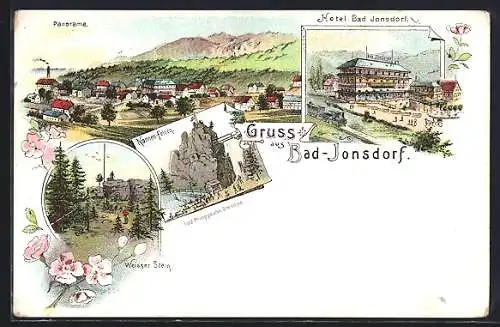 Lithographie Bad Jonsdorf, Hotel, Nonnenfelsen, Weisser Stein, Gesamtansicht