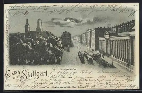 Lithographie Stuttgart, Königsstrasse mit Strassenbahn