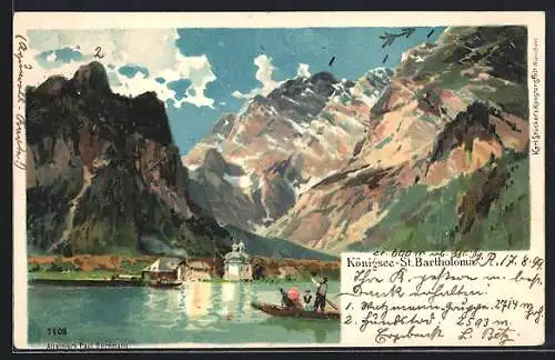 Lithographie St. Bartholomä /Königsee, Blick auf die Kapelle, Ruderboot