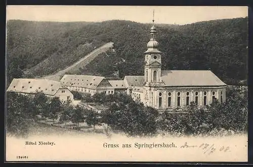 AK Springiersbach, Hotel Nicolay mit Gotteshaus