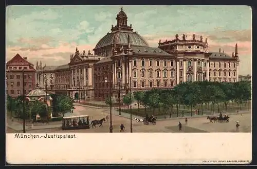 Lithographie München, Pferdebahn- und Kutschen vor dem Justizpalast