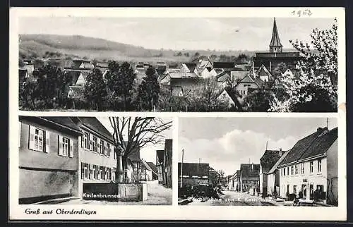 AK Oberderdingen, Geschäftshaus von K. Kern Wwe., Kastenbrunnen, Ortsansicht
