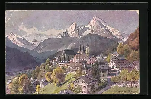 Künstler-AK Edward Theodore Compton: Berchtesgaden, Ortsansicht von oben