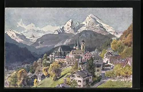 Künstler-AK Berchtesgaden, Teilansicht der Ortschaft von oben aus gesehen