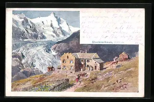 Künstler-AK Edward Theodore Compton: Berghütte Glocknerhaus, Berge im Hintergrund