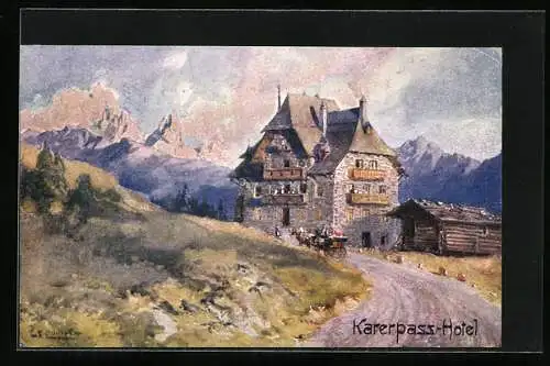 Künstler-AK Edward Theodore Compton: Karerpass, Karerpass-Hotel mit Kutsche