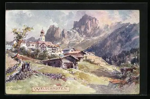 Künstler-AK Edward Theodore Compton: Welschnofen, Ortspartie mit Kirche und Gebirge