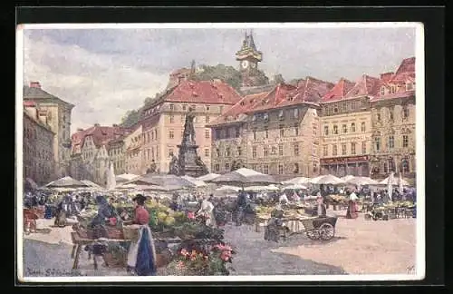 Künstler-AK Graz, Hauptplatz mit Schlossberg