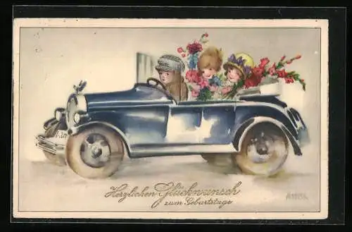 Künstler-AK Hannes Petersen: Kinder fahren mit Blumensträussen im Auto, Geburtstagsgruss