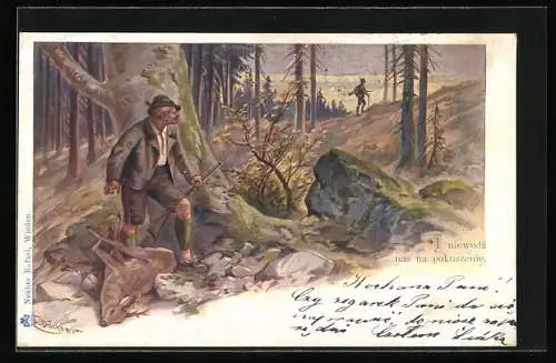 Künstler-AK E. Döcker: Wilddieb versteckt Reh vor dem Förster