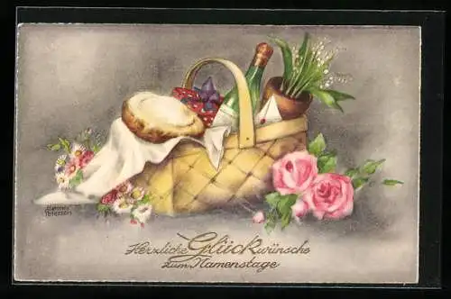 Künstler-AK Hannes Petersen: Picknickkorb mit Wein und Geschenk