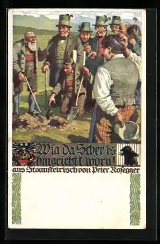 Künstler-AK Richard Assmann: Wie da Scher is hingricht`s worn, Bauern graben Maulwurf aus