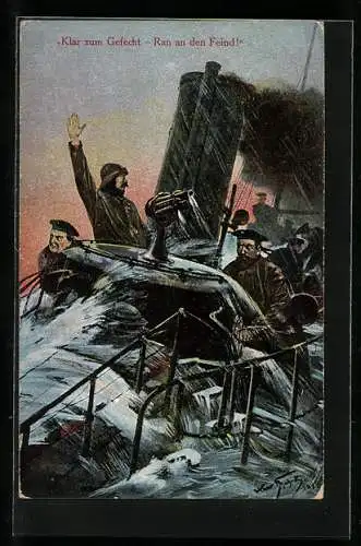 Künstler-AK Hans Bohrdt: Kriegsschiff vom Wasser überflutet, Klar zum Gefecht, ran an den Feind!