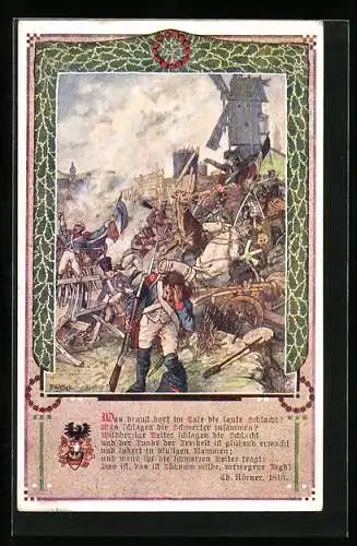 Künstler-AK T. Welzl: Was braust dort im Tale die laute Schlacht..., Windmühle