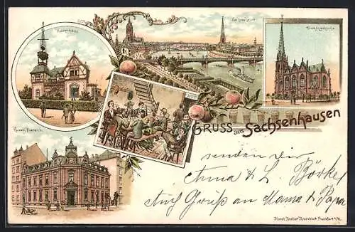 Lithographie Sachsenhausen, Ruderhaus, Hof, Kaiserliches Postamt