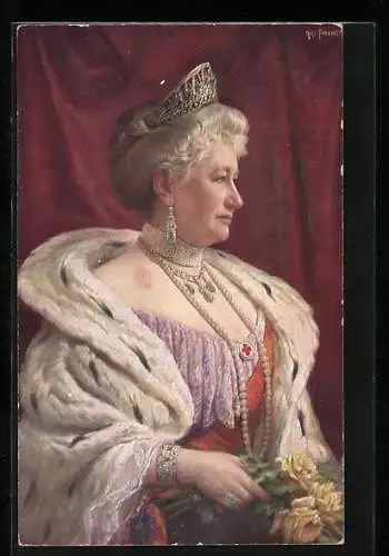 Künstler-AK Kaiserin Auguste Victoria mit Diadem und Halsschmuck im Hermelinmantel, Rotes Kreuz