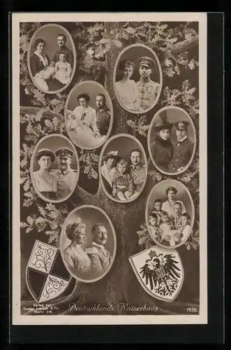 AK Kaiserfamilie, oval gerahmte Einzelportraits, Deutsche Eiche im Hintergrund, Wappen