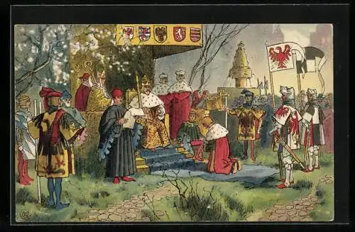 AK Der erste Hohenzoller in der Mark, Karte Nr. 4, Feierliche Belehnung Friedrichs I. durch Kaiser Sigismund, 1417