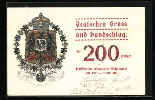 AK Deutschen Gruss und Handschlag der zweihundertjährigen Jubelfeier des preussischen Königshauses, 1701-1901