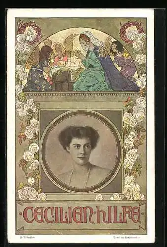 Künstler-AK Cecilienhilfe, Kronprinzessin Cecilie - Portrait und Bild im Kreise von Engeln mit Säugling