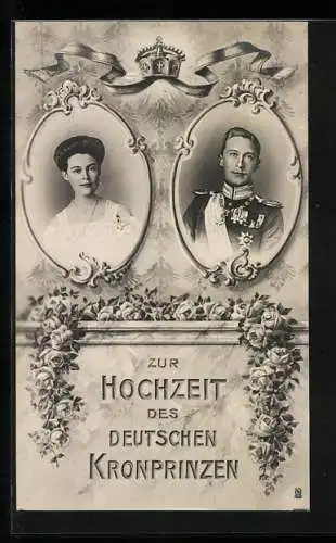 AK Hochzeit, Krone, Rosen, Kronprinz Wilhelm von Preussen mit Kronprinzessin Cecilie