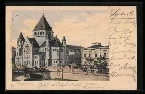 AK Strassburg, Synagoge und Strassenpartie mit Strassenbahn und Litfasssäule