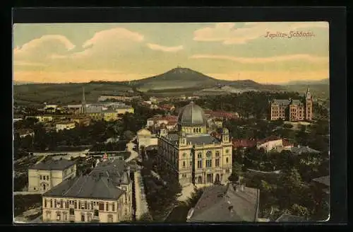 AK Teplitz Schönau / Teplice, Panorama mit Synagoge und Schlossberg