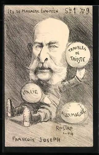 Künstler-AK Rostro: Kaiser Franz Josef I. von Österreich mit Bällen, Karikatur