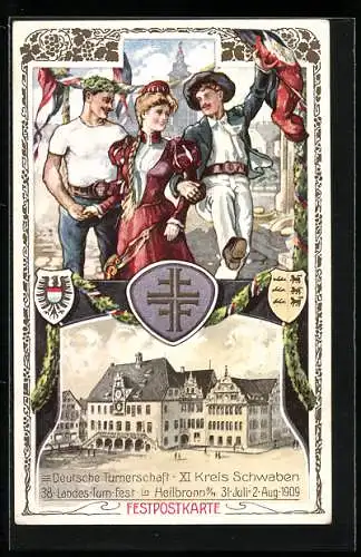 Künstler-AK Ganzsache PP27C105: Heilbronn, 38. Landes-Turnfest 1909, Deutsche Turnerschaft XI Kreis Schwaben