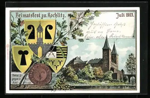 Künstler-AK Ganzsache PP27C33: Rochlitz, Schloss und Wappen, Heimatfest 1903