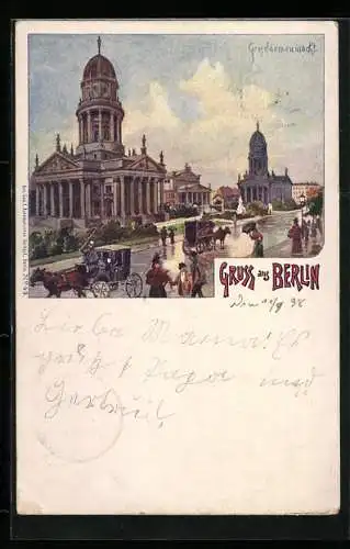 Künstler-AK Berlin, Gendarmenmarkt mit Pferdewägen im Regen, Ganzsache