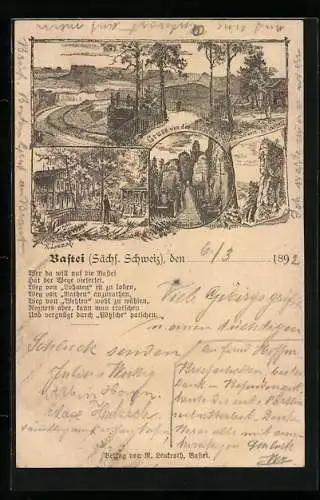 Vorläufer-Lithographie Bastei /Sächs. Schweiz, 1892, Hotel, Bastei-Brücke und Blick ins Land, Ganzsache