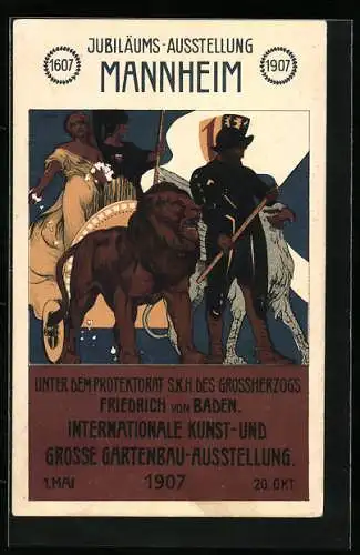 Künstler-AK Ganzsache PP27 C82 /03: Mannheim, Jubiläums-Ausstellung 1907, Greif und Löwe vor einem Streitwagen