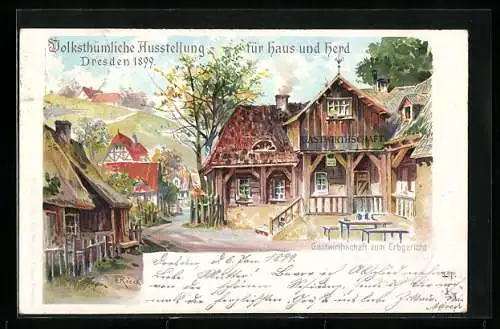 Künstler-AK Dresden, Volksthümliche Ausstellung für Haus und Herd 1899, Gasthof zum Erbgericht, Ganzsache