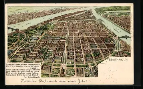 Lithographie Ganzsache PP9 C122: Mannheim, Gesamtansicht mit Neckar und Rhein, Neujahrsgruss